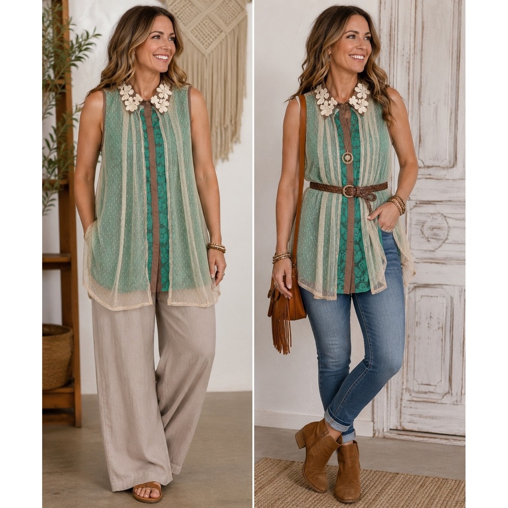 Rye NWT Floral Lace Mesh Overlay Sleeveless Tunic Top Large Mint Green